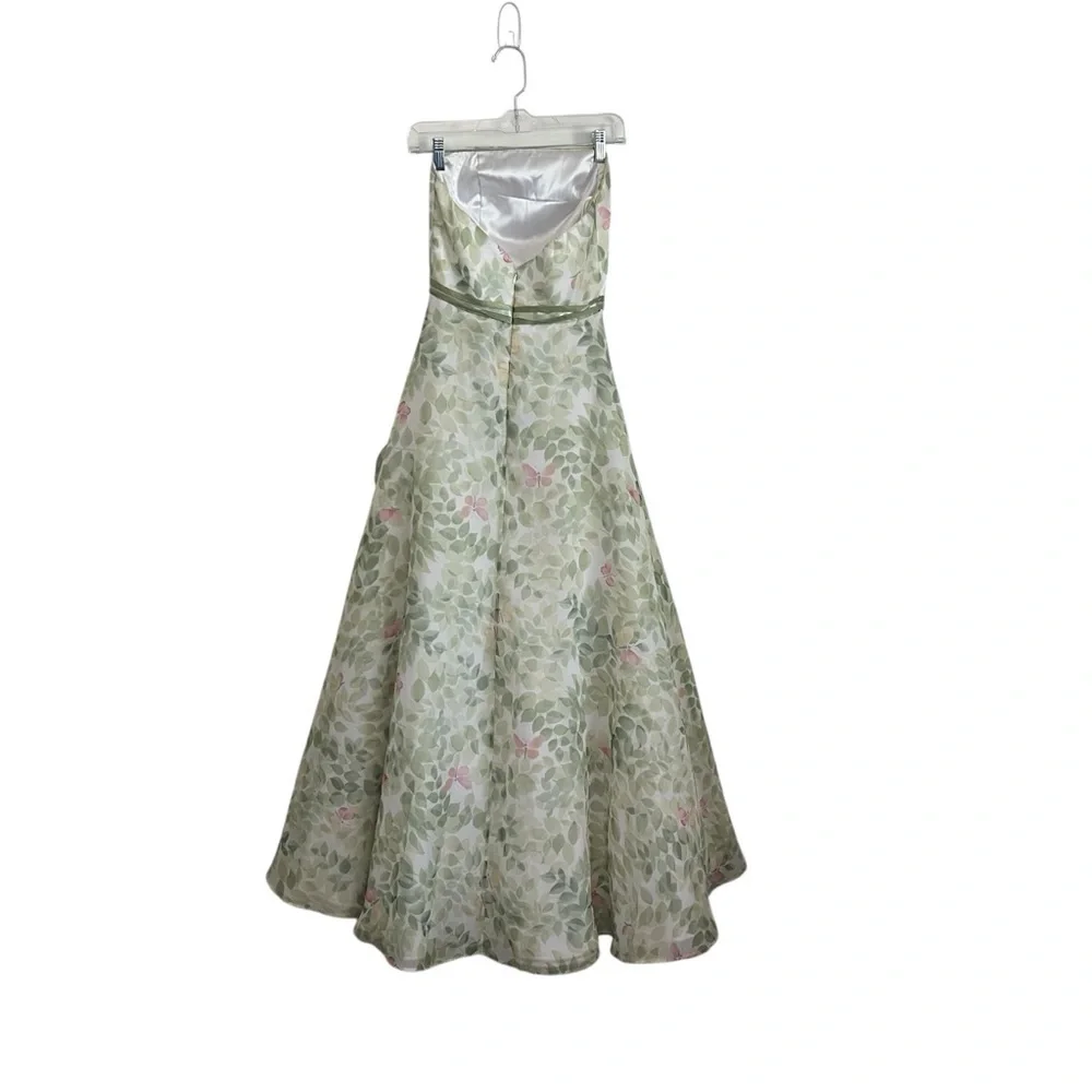 Strapless Green Floral A-Line Crinoline Gown Prom Formal Evening Dress-Size 2 - Picture 3 of 14